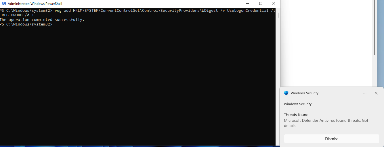 Enabling WDigest blocked by Windows Defender